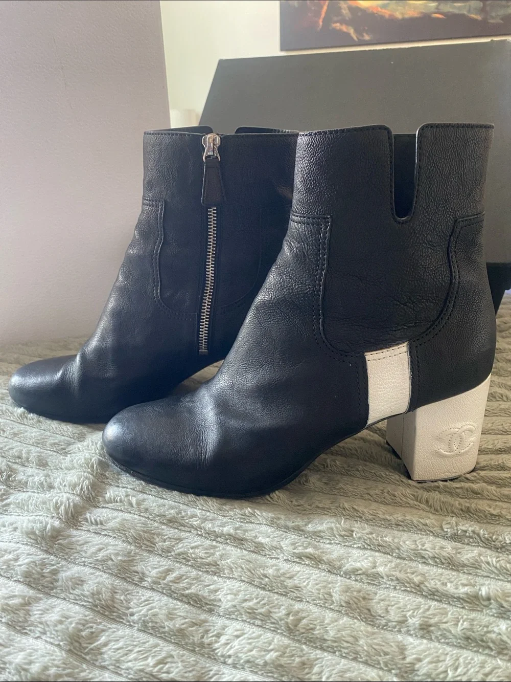 CHANEL Black Leather Ankle Boots with Cream Block Heel